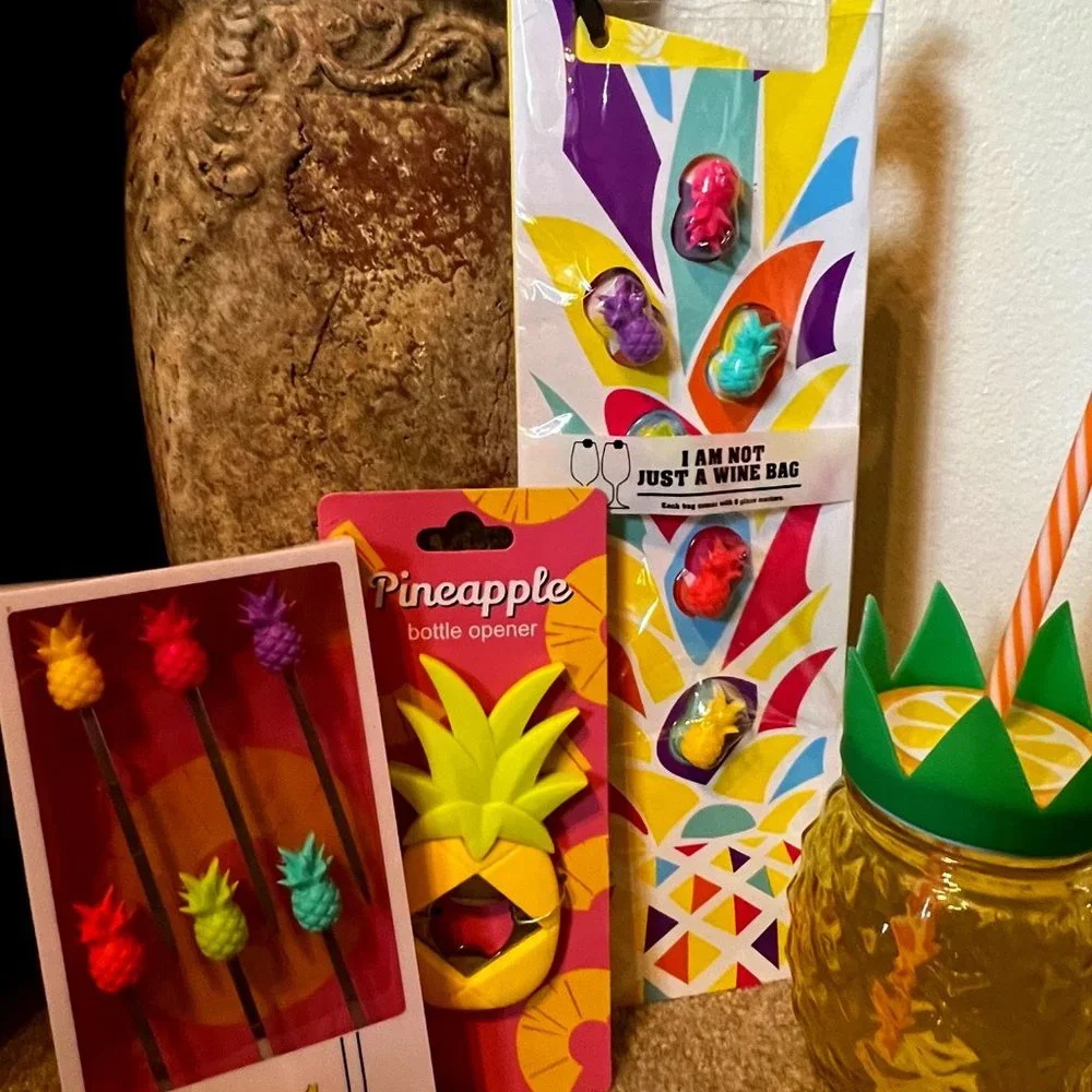 Pineapple party, bottle opener, wine markers, mason jar and wine gift bag-NWT